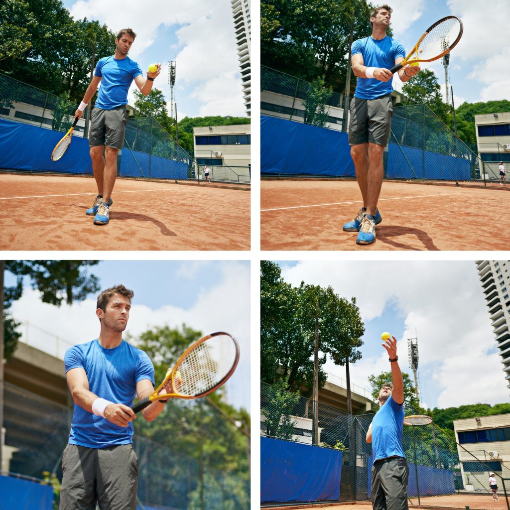 Serving in sequence. Composite image of a man playing tennis.